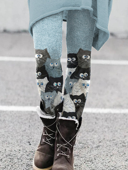 Denim Patchwork Cats Pattern Cozy Leggings artswardrobe