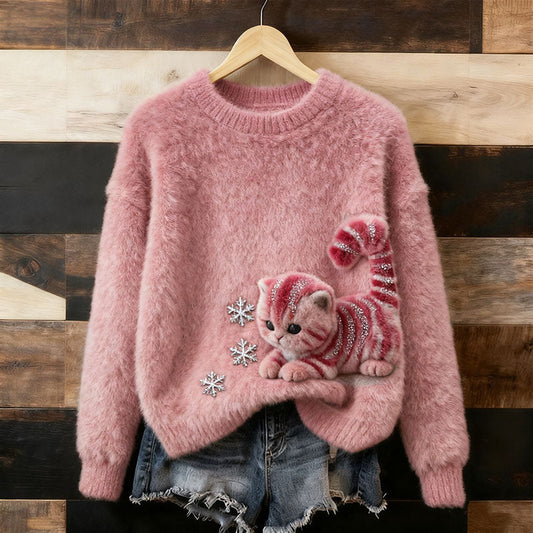 Cute Christmas Sequined Cat Art Plush Warm Wool Pullover Sweater elevenforest
