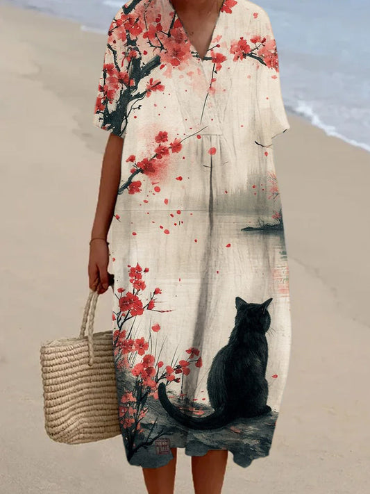 Japanese Floral & Cat Pattern Women's V-neck Short Sleeve Linen Maxi Dress elevenforest