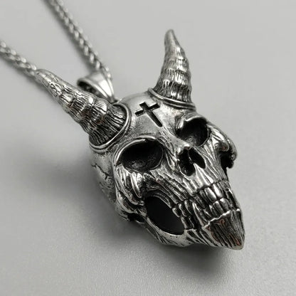 Cross & Horn Demon Skull Pendant Necklace