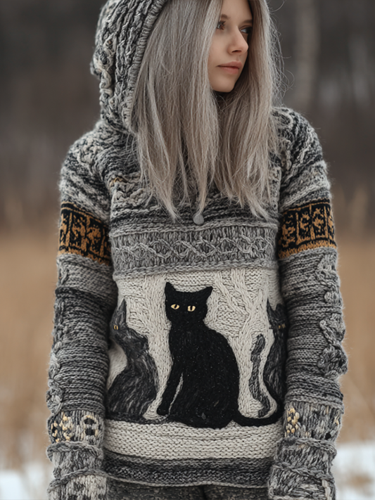 Comstylish Women's Winter Warm Cat Design Hooded Knitted Sweater