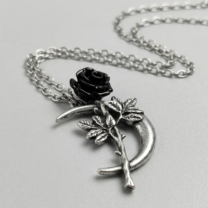 Midnight Crescent Dark Bloom Pendant Necklace