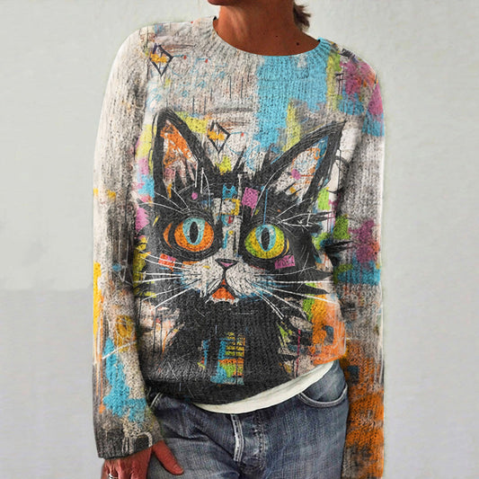 Vintage Colorful Cat Art Graphics Crew Neck Cozy Sweater elevenforest