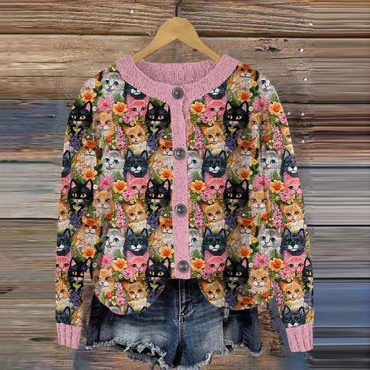 Cute Cats Floral Embroidered Crew Neck Cozy Cardigan elevenforest
