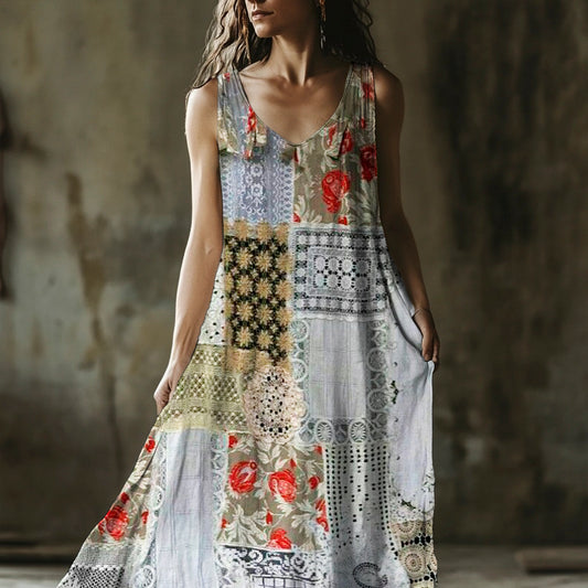 Vintage Lace Floral Geometric Patchwork Women's Linen Vest Dress artswardrobe