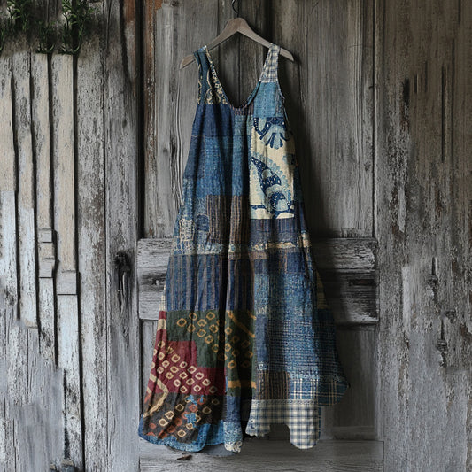 Women's Japanese Traditional Sashiko In Floral Patchwork Art Cotton And Linen Dress artswardrobe