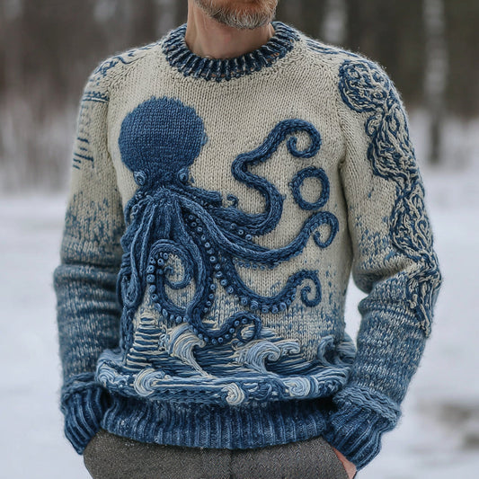 Men's Vintage Japanese Octopus Art Cozy Knit Pullover Sweater elevenforest