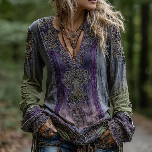 Women's Vintage Life Of Tree Celtic Knot Art Pattern Linen Shirt artswardrobe