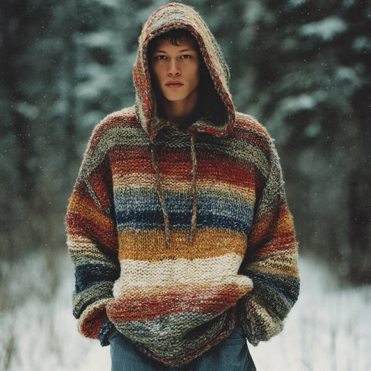 Men's Retro Colorful Striped Art Knit Hooded Sweater artswardrobe