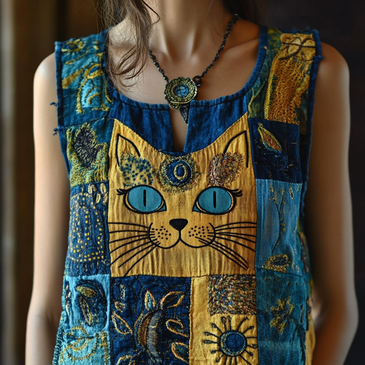 Women's Pop Art Cat Floral Patchwork Linen Top elevenforest