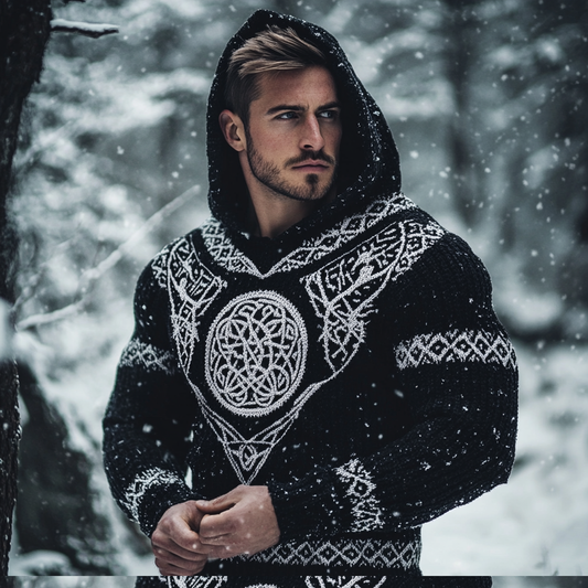 Men's Viking Raven  Chunky Knit Celtic Knotwork Patterns Cozy Knit Hooded Sweater elevenforest