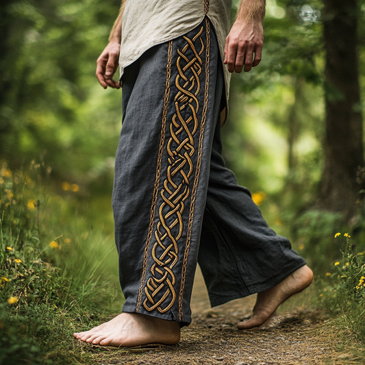 Vintage Viking Celtic Embroidery Art Linen Long Loose Wide-leg Pants artswardrobe