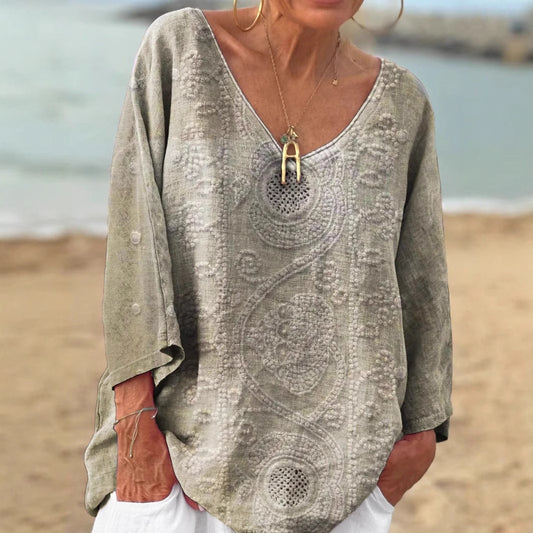 Vintage Floral Embroidered V-neck Loose Linen Blend T-shirt artswardrobe