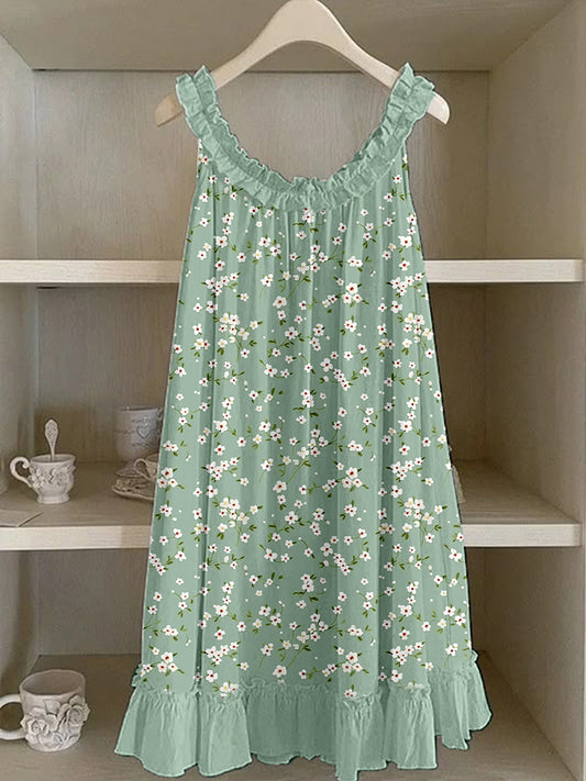 Small Floral Pattern Ruffled Linen Dress artswardrobe