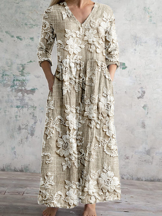 Vintage Floral Lace Embroidered V Neck Linen Blend Maxi Dress artswardrobe
