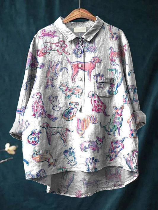 Vintage Lovely Dogs Art Print Casual Cotton And Linen Shirt