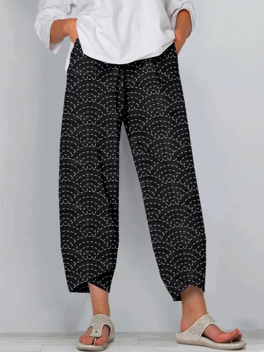 Comstylish Ocean Waves Japanese Sashiko Art Cropped Casual Pants