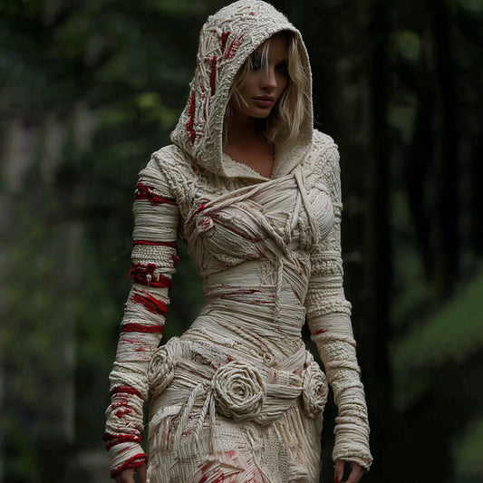 Women's Halloween Muscle Anatomy Bandage With Rose Art Cozy Knit Hooded Sweater Dress artswardrobe