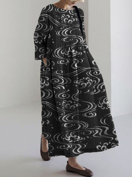 Comstylish Sea Waves Japanese Art Linen Blend Maxi Dress