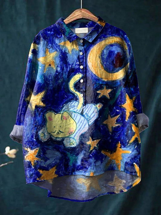 Vintage Lovely Cat Stars Moon Art Print Casual Cotton And Linen Shirt
