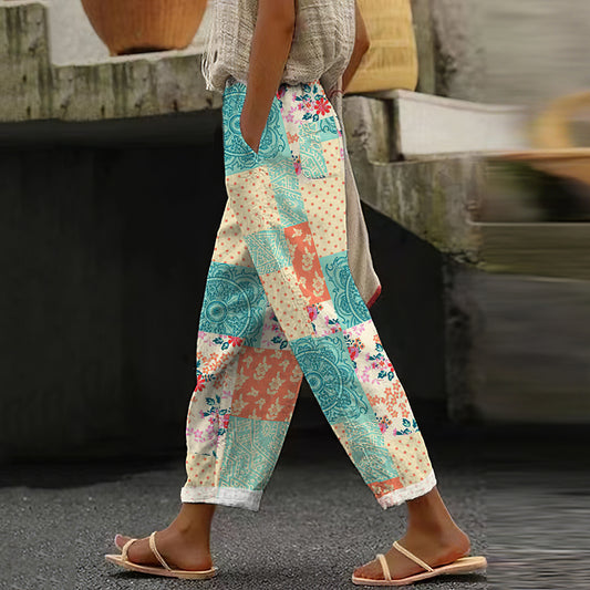 Vintage Patchwork Floral Art Cotton Linen Pants artswardrobe