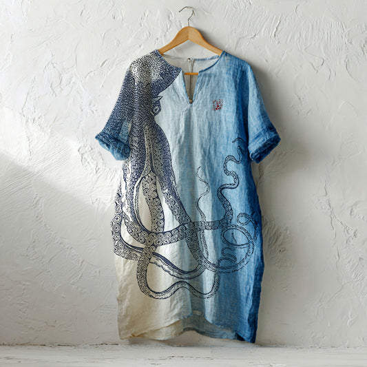 Japanese Octopus In Gradient Art Linen Tank Dress artswardrobe