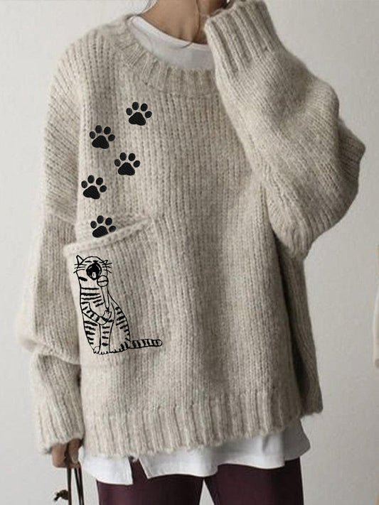 Cute Singing Cat Embroidered Big Pocket Cozy Sweater elevenforest