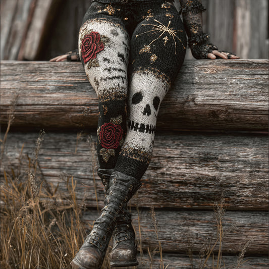 Comstylish Women's Halloween Embroidered Patchwork Skull Face And Rose Pants