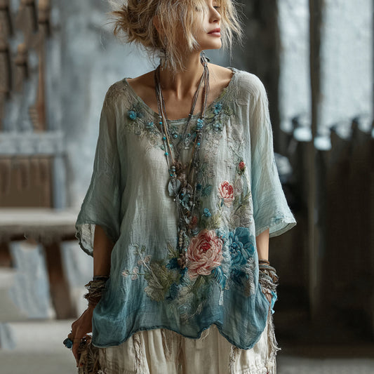 Comstylish Classy Vintage Gradient Japanese Blossoms Embroidered Cotton And Linen Shirt