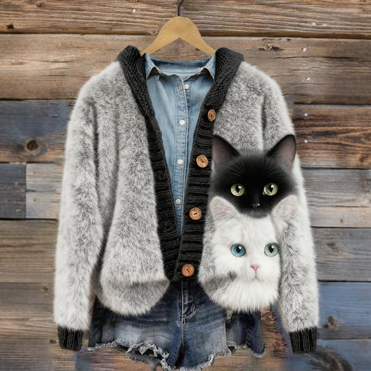 Lovely Fuzzy Cats Art Buttoned Cozy Knit Hooded Cardigan elevenforest