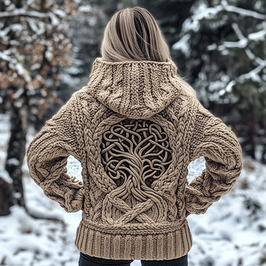 Women's Viking Tribal Runes Life Of Tree Chunky Knit Hooded Sweater elevenforest