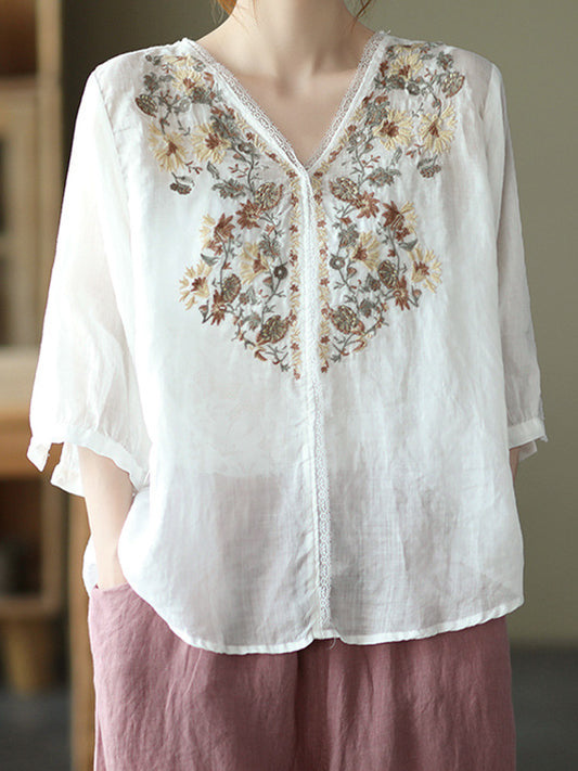 Comstylish Women's Casual Retro Ethnic Embroidery Cotton Shirt