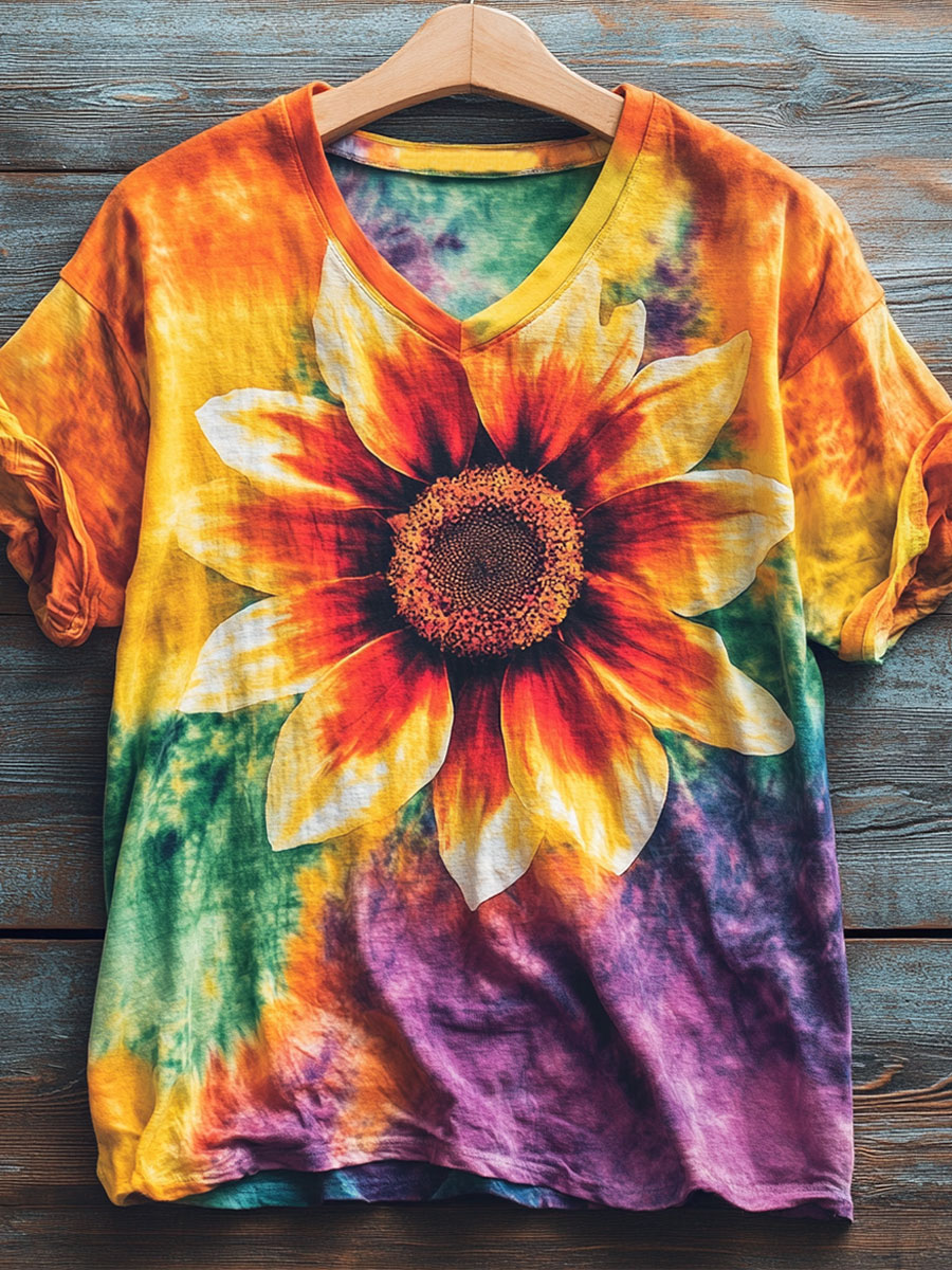 Colorful Sunflower Print Casual Top