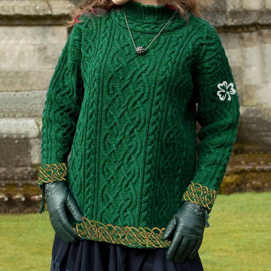Women's Irish Celtic Knotted Trefoil Jacquard Aran Sweater artswardrobe