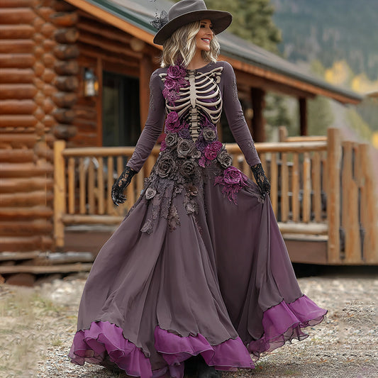 Comstylish Vintage Skull Black Rose Pattern Patchwork Maxi Dress
