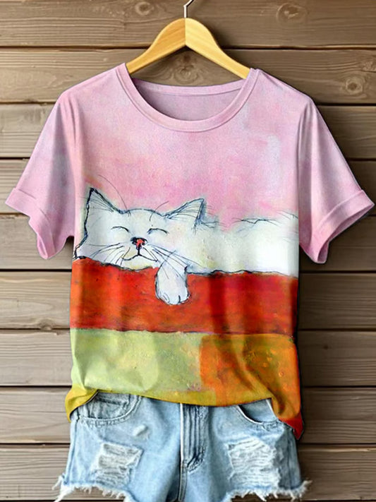 Comstylish Women's Cute Animal Cat Pattern Print Round Neck T-shirt