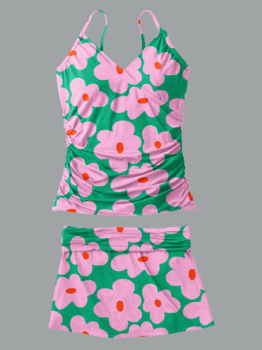 V-Neck Vintage Flowers Print Suspender Skirt Tankini Pantskirt Set Swimsuit