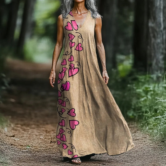 Women's Vintage Heart Art Print V-neck Tank Midi Dress artswardrobe