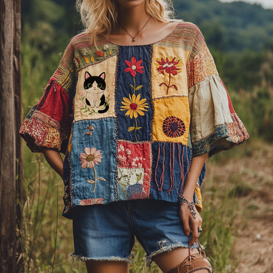 Vintage Abstract Creative Cute Cat In Floral Art Embroidered Cozy Linen Blend T-shirt elevenforest