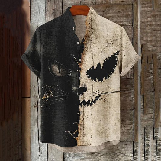Men's Halloween Gothic Horror Cat Geometric Art Linen Shirt