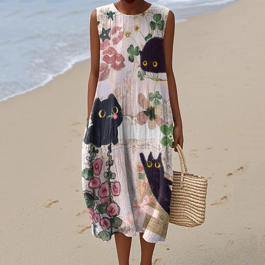 Women's Floral Cat Art Print Cotton And Linen Crew Neck Dress artswardrobe