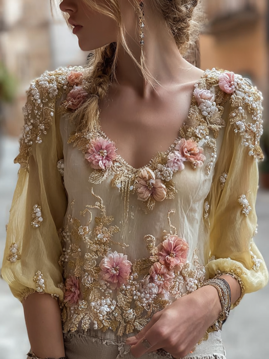 Comstylish Bohemian Style Plant And Flower Embroidery Women's Round Neck Long Sleeve Cotton And Linen Top