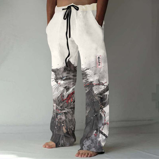 Vintage Japanese Kimono Samurai Cat Ink Art Linen Blend Cozy Pants elevenforest