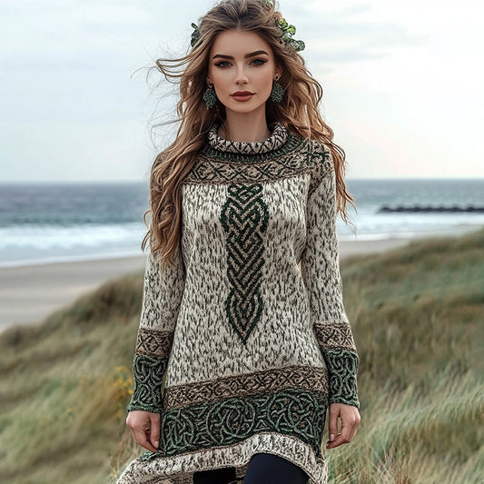 Women's Irish Celtic Knotted Jacquard Crew Neck Sweater Dress elevenforest