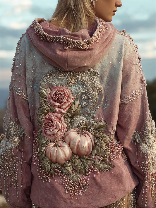 Comstylish Thanksgiving Pink Pumpkins Roses Glitter Beaded Gradient Hoodie