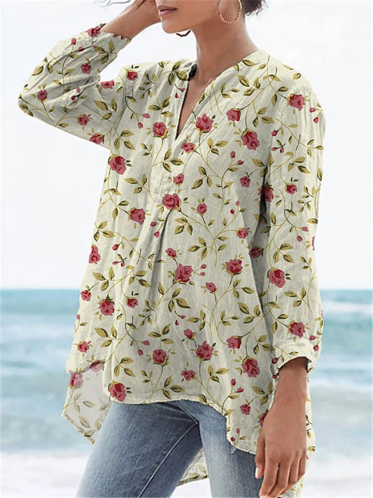 Vintage Style Petite Rose Pattern Printed Women's Casual Linen V-neck Shirt