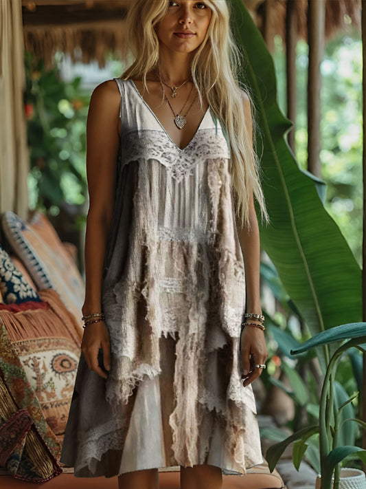 Bohemian Lace Patchwork Art Women's Linen Vest Dress artswardrobe