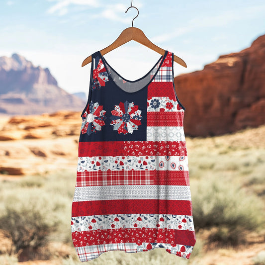 Women's Loose Independence Day American Beauty Flag Panel  Linen Sleeveless Tank Top artswardrobe