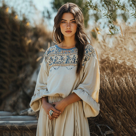 Vintage Cretan Embroidery Linen Contrasting Colors T-shirt artswardrobe