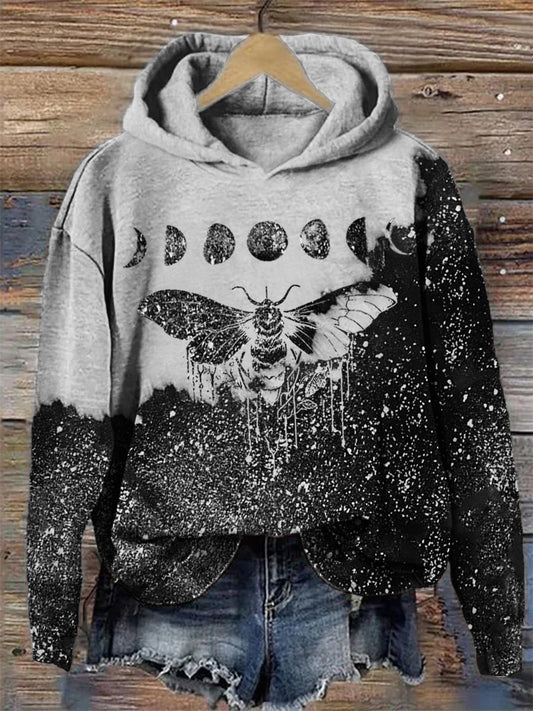 Comstylish Moth Moon Phase Mystical Contrast Bleached Hoodie